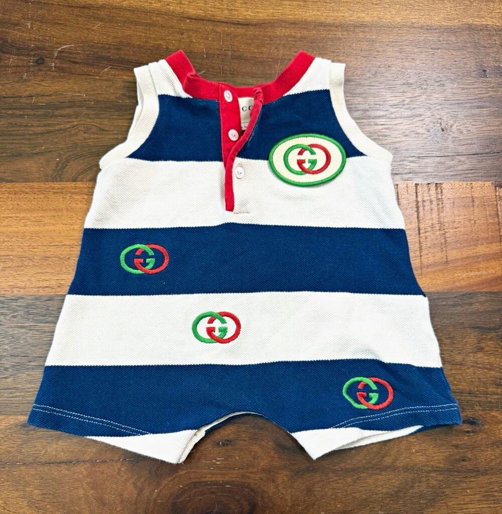 Gucci Baby Striped Knit Romper Sleeveless Collared Embroidered Logo 0-3M